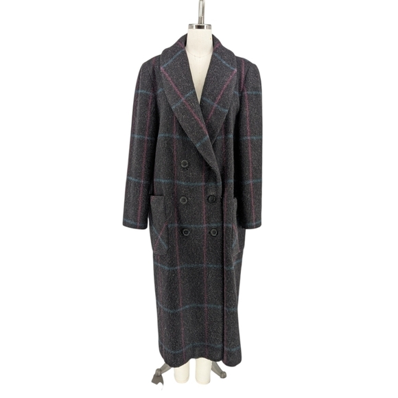 Alorna Plaid Wool Long Coat Black L preppy classic winter retro vintage - Picture 1 of 9